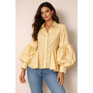 True Destiny Yellow White Stripe Peplum Button Up Blouse Balloon Sleeve S